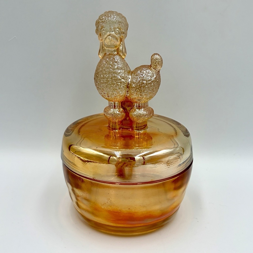 Poodle Trinket Box Powder Jar Iridescent Jeanette Glass Mid Century Vintage 40s